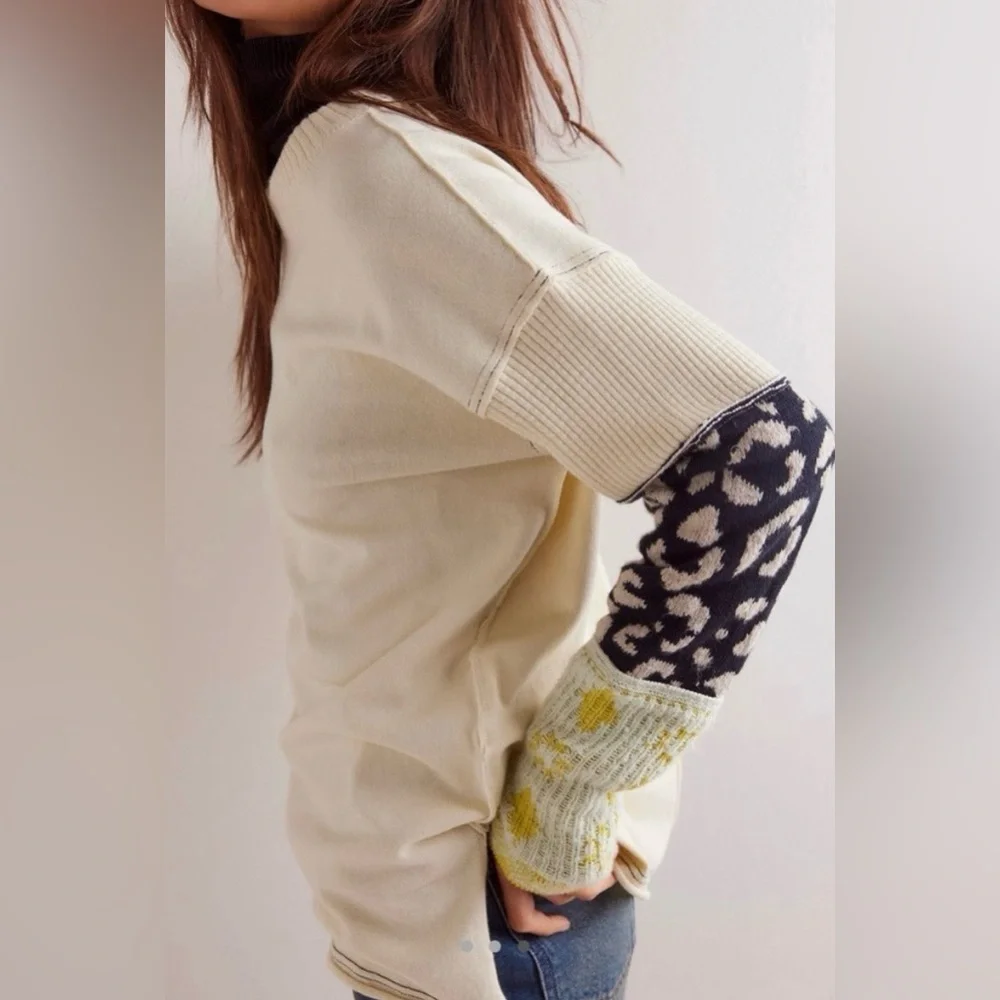NEW Free People We The Free Tiger Style Cuff Tunic Sweater in Tea Combo Size L - Picture 3 of 12